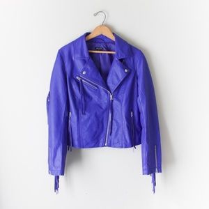 Ronson Royal Blue Faux Leather Fringed Moto Jacket